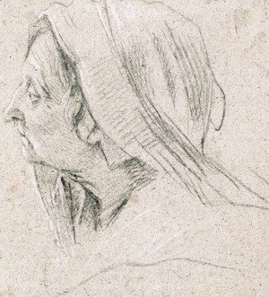 Simon Vouet - The head of an old woman, veiled, in profile to the right