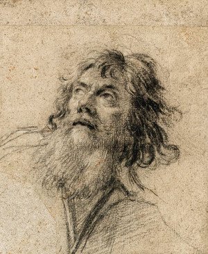 Simon Vouet - The Head of a bearded Man, looking up to the left
