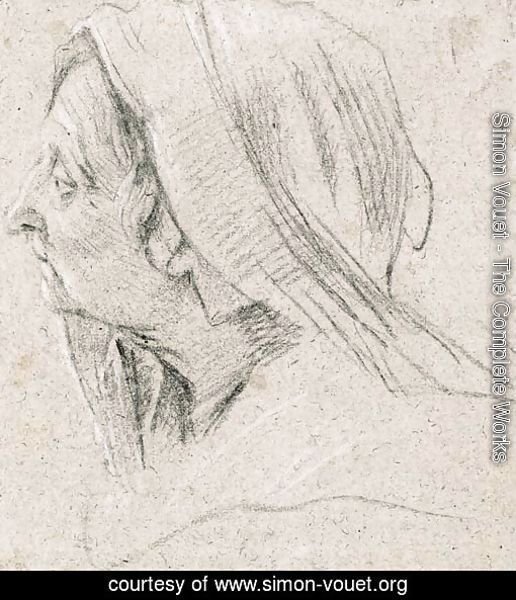 The head of an old woman, veiled, in profile to the right